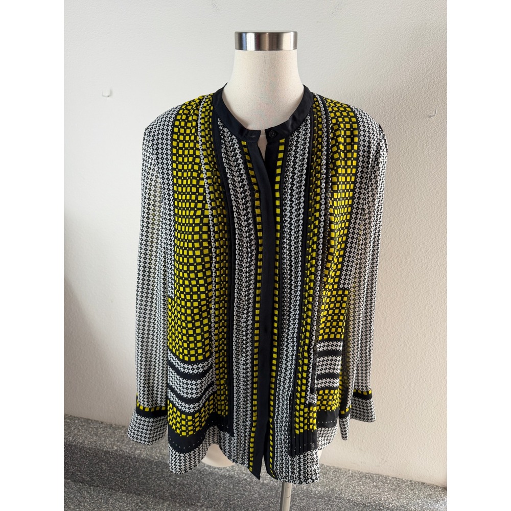 Calvin Klein Womens Large Yellow Black Geometric Grid Pleated Blouse Long Sleeve